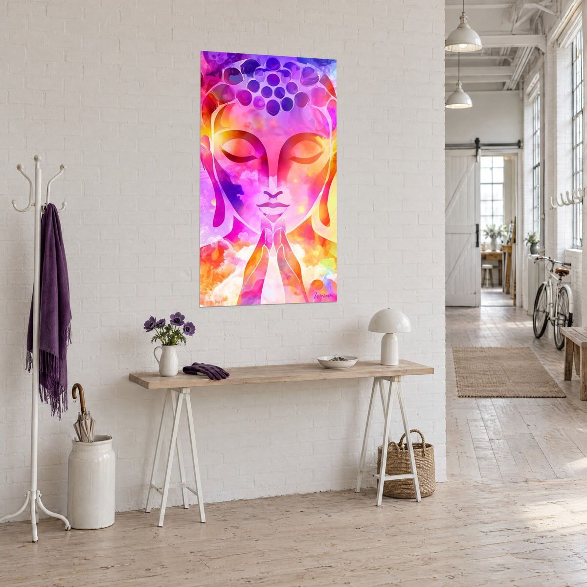 Tableau méditation colorée aux paupières closes, orange et magenta éclatants, vue de trois-quarts près d'une console en bois clair