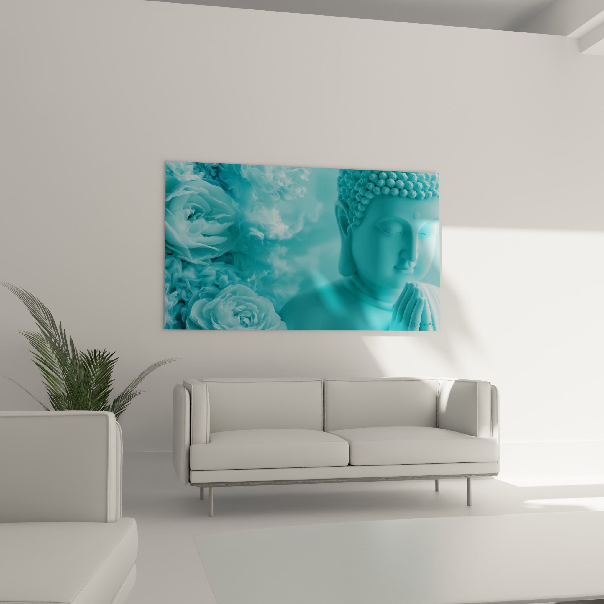 Visage serein du Bouddha bleu pastel entouré de fumée blanche, au-dessus d'un canapé dans un salon lumineux