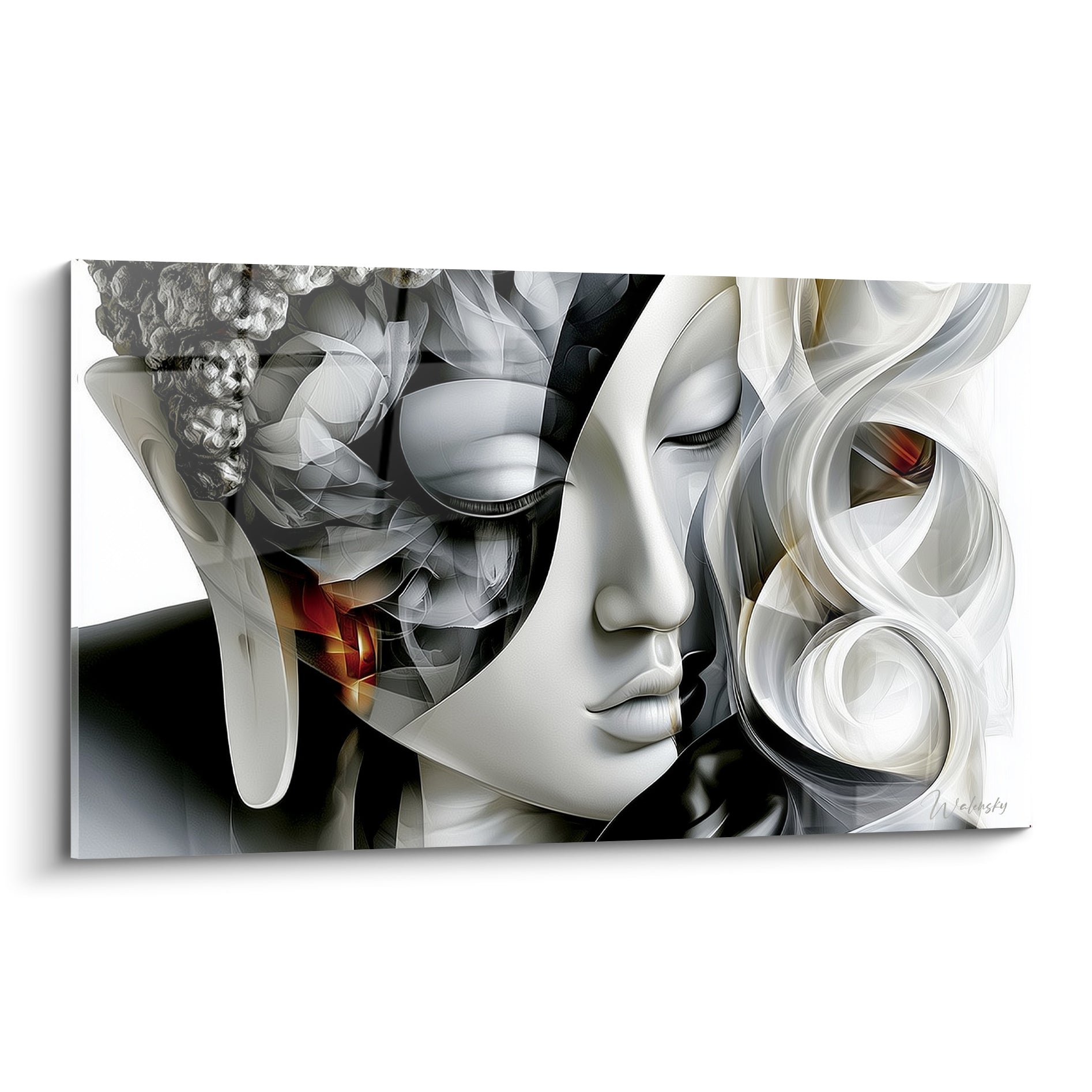 Bouddha au visage fusionné blanc et anthracite, volutes sculptées et touches ambrées lumineuses