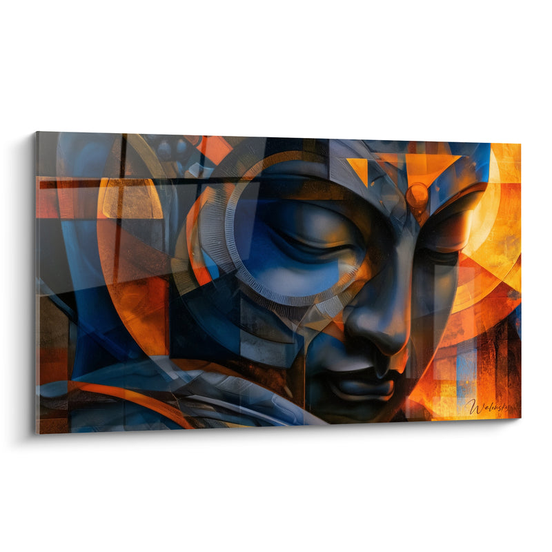 Tableau Visage bleu et orange aux formes géométriques cubistes - Éclat solaire fragmenté - Edition Bouddha