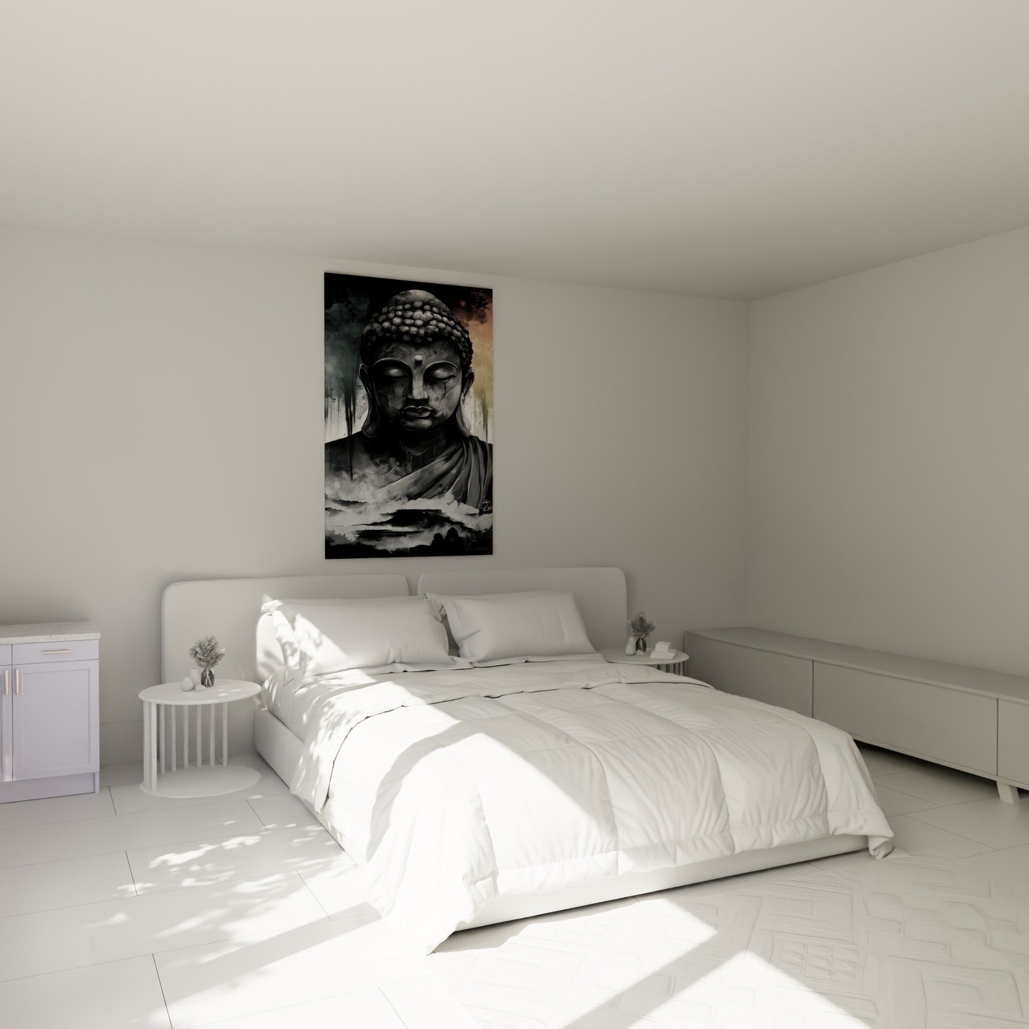 Visage sculptural du Bouddha en gris et blanc, accroché au-dessus d'un lit dans une chambre claire