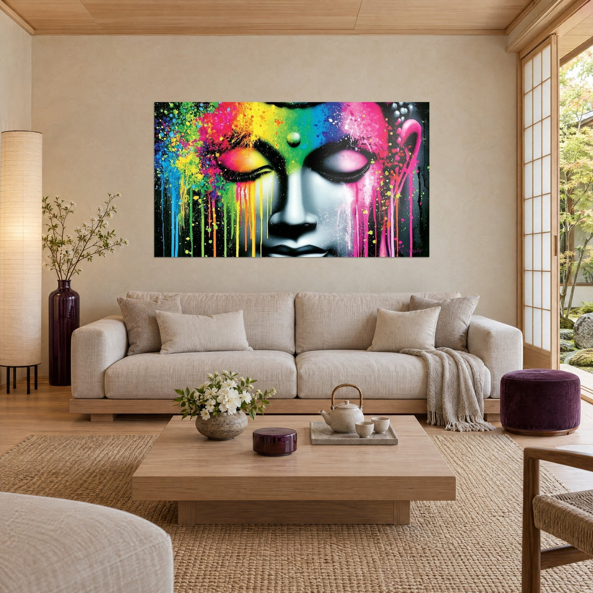 Cuadro rostro de Buda gris con vivos chorreados arcoíris en amarillo, verde y rosa, sobre un sofá en un salón luminoso