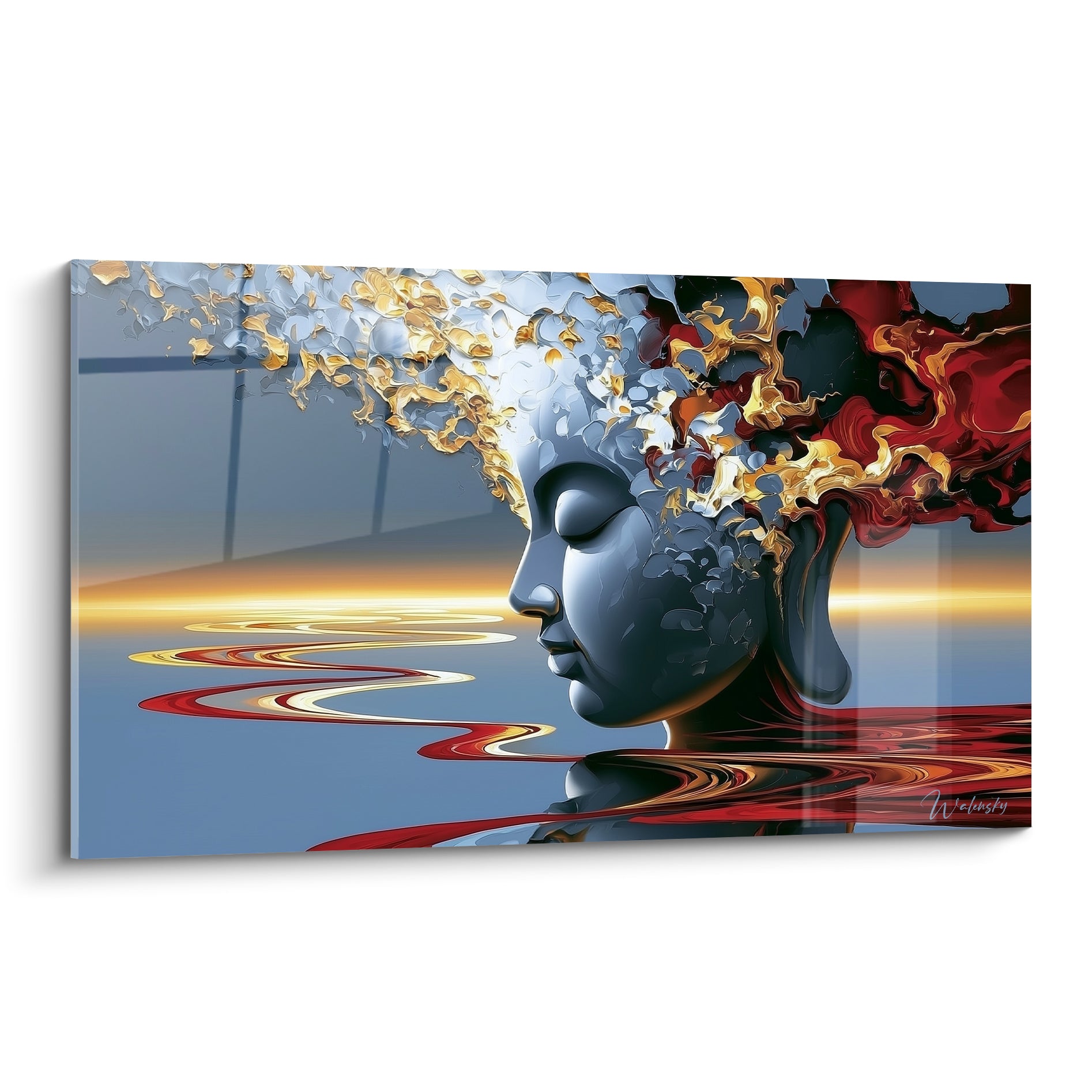 Visage de Bouddha gris-bleu se dissolvant en flammes rouges et dorées sur fond clair
