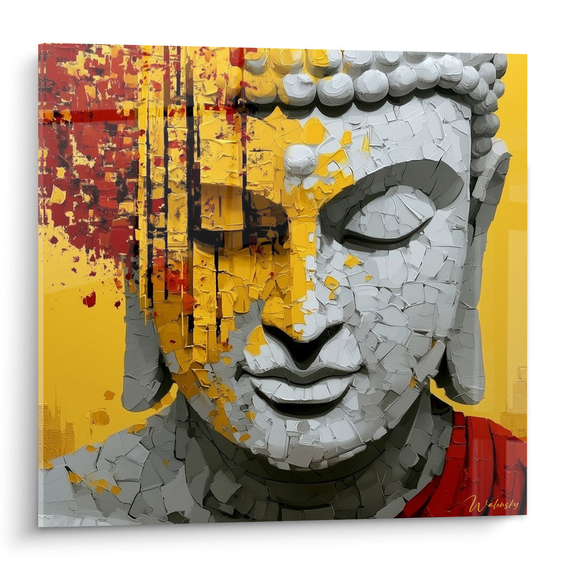 Tableau Visage gris et jaune aux éclats dispersés - Sérénité fragmentée - Edition Bouddha