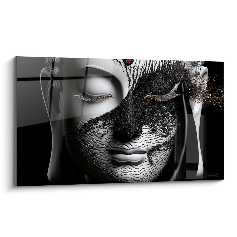 Tableau Visage noir et blanc aux vagues gravées - Point rouge écarlate - Edition Bouddha
