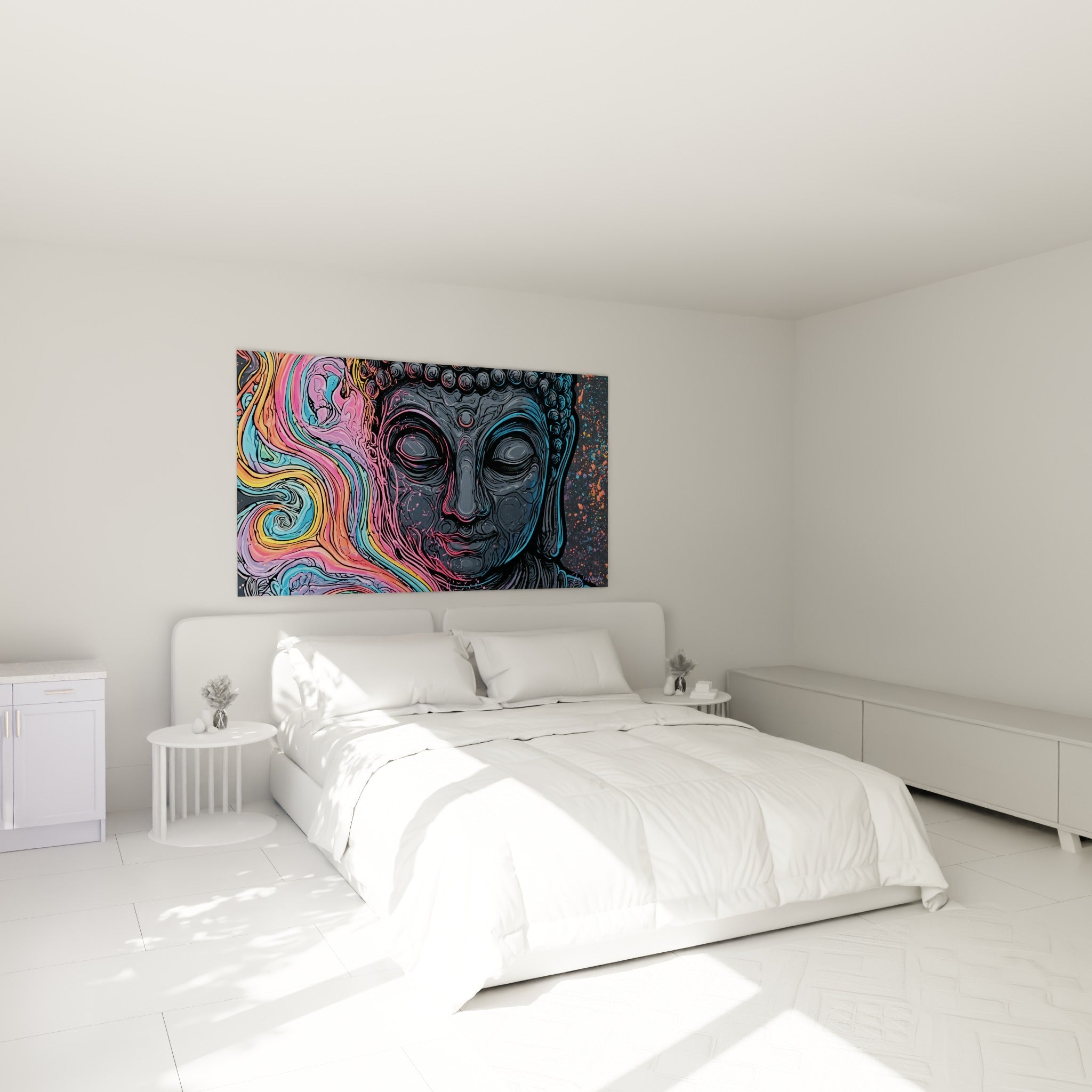 Sérénité du visage gris de Bouddha entouré de volutes orangées, au-dessus d'un lit dans une chambre claire