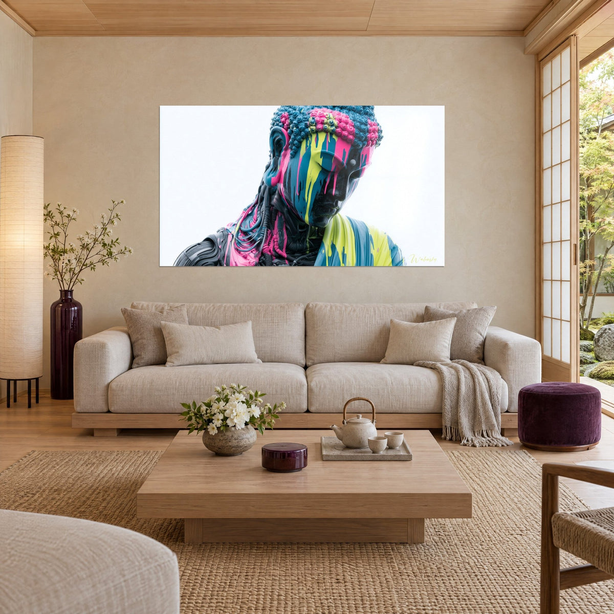 Quadro Buddha cyborg con colature color fucsia e blu anatra su sfondo bianco, sopra un divano in un soggiorno luminoso