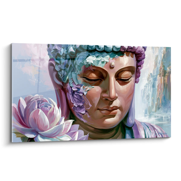 Painting Turquoise and Mauve Face with Lotus Flower - Delicate Pink Petals - Buddha Edition