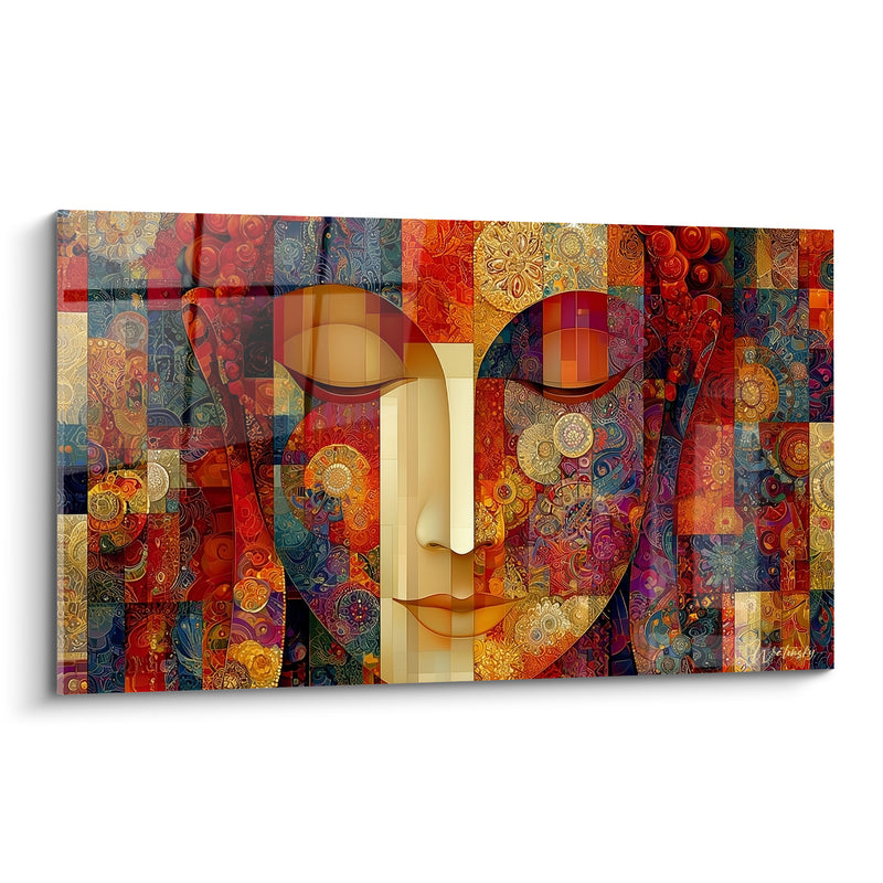 Tableau Visage rouge et doré aux mosaïques florales - Motifs en marqueterie précieuse - Edition Bouddha