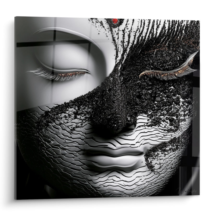Tableau Visage aux textures noires et argentées - Fracture intérieure - Edition Bouddha