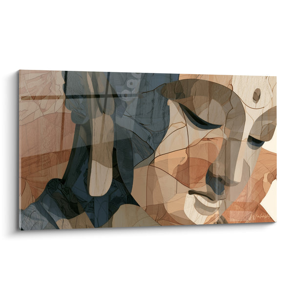 Blue Slate and Beige Face Painting with Wood Fragments - Delicate Graphic Marquetry - Buddha Edition