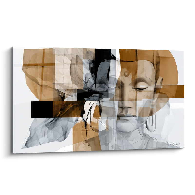 Tableau Visage ambre et gris aux blocs superposés - Encre noire éclatée - Edition Bouddha