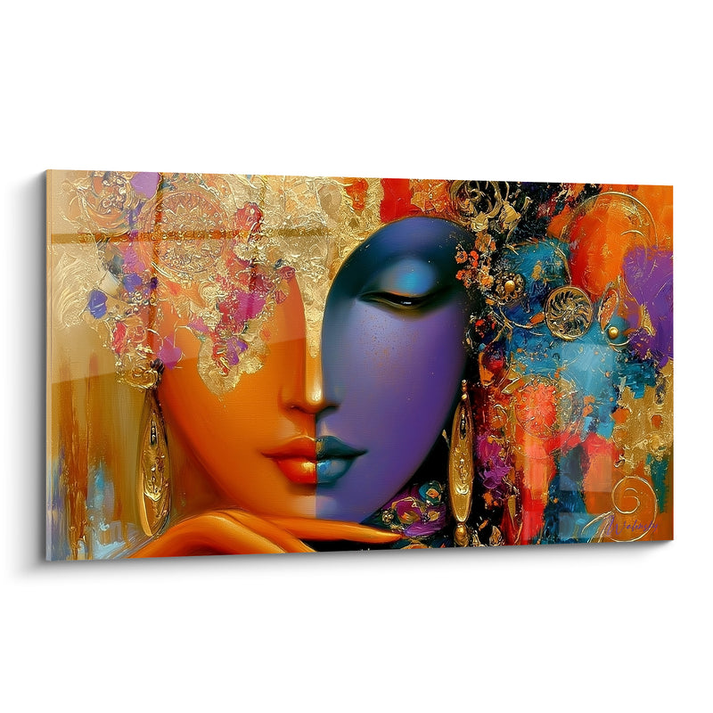 Tableau Visage orange et violet aux boucles d'oreilles dorées - Main sous le menton - Edition Bouddha