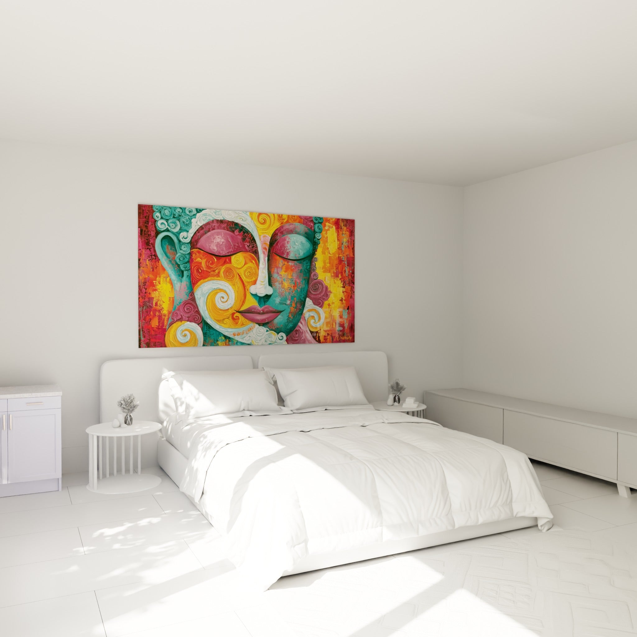 Visage du Bouddha en volutes orange et bleu pétrole, au-dessus d'un lit dans une chambre claire