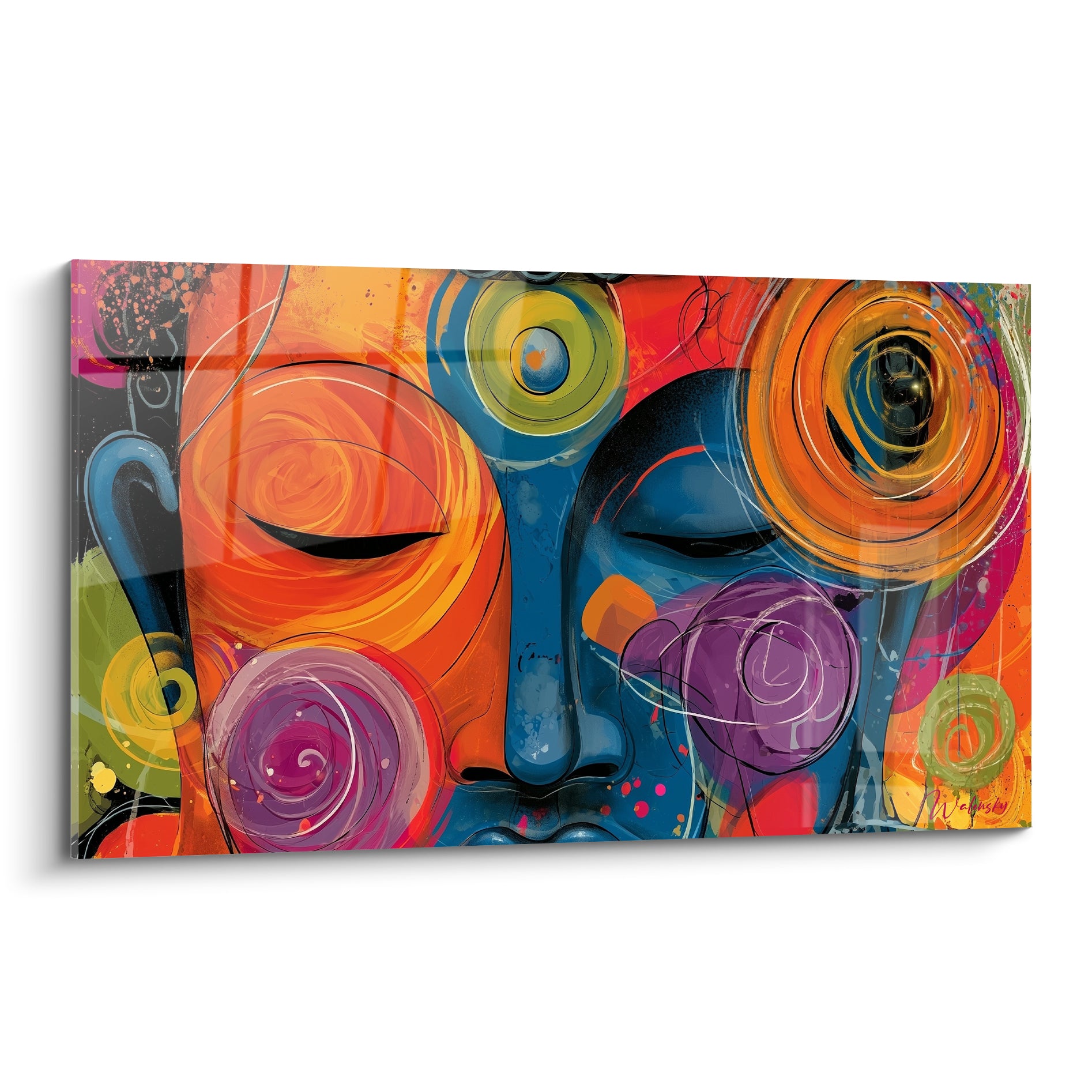 Bouddha aux yeux clos, visage orange et bleu marine paré de spirales violettes et dorées