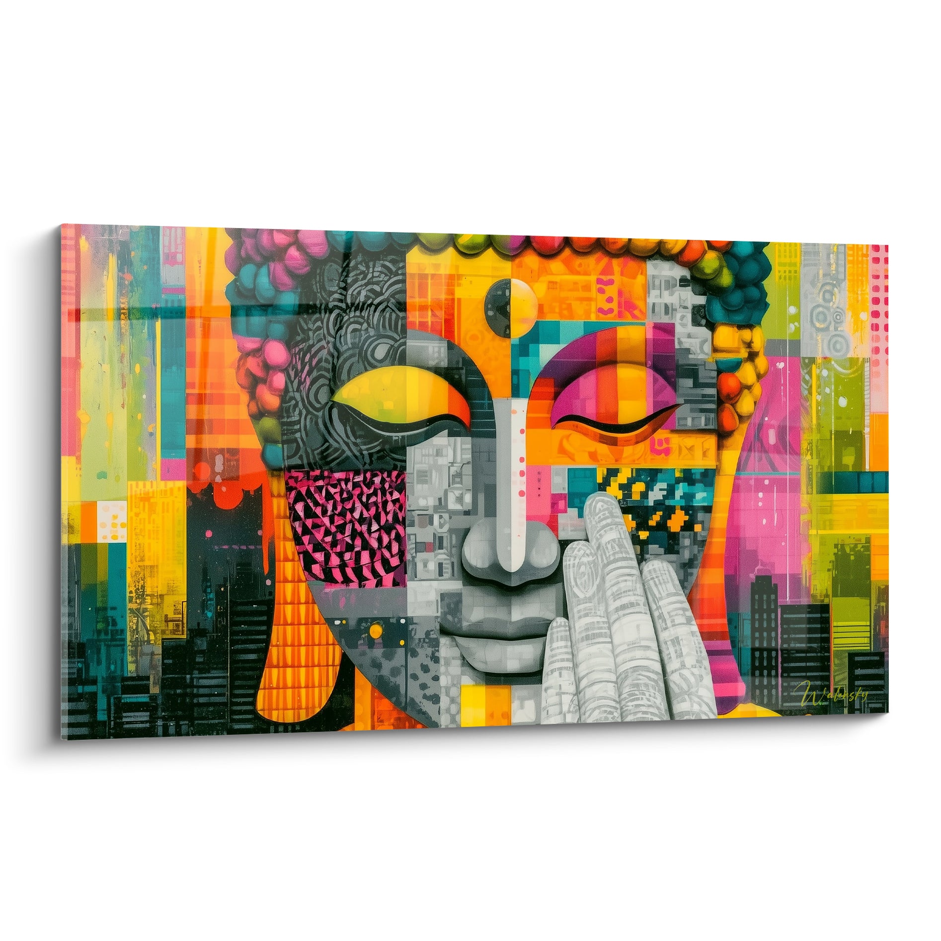 Bouddha aux yeux mi-clos, mains jointes, mosaïque orange, rose fuchsia et gris urbain