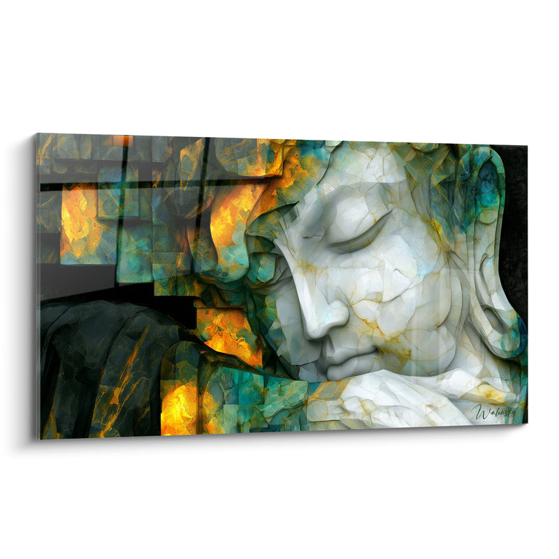 Tableau Visage de marbre blanc et doré aux fragments géométriques - Mosaïque de pierre ambrée - Edition Bouddha