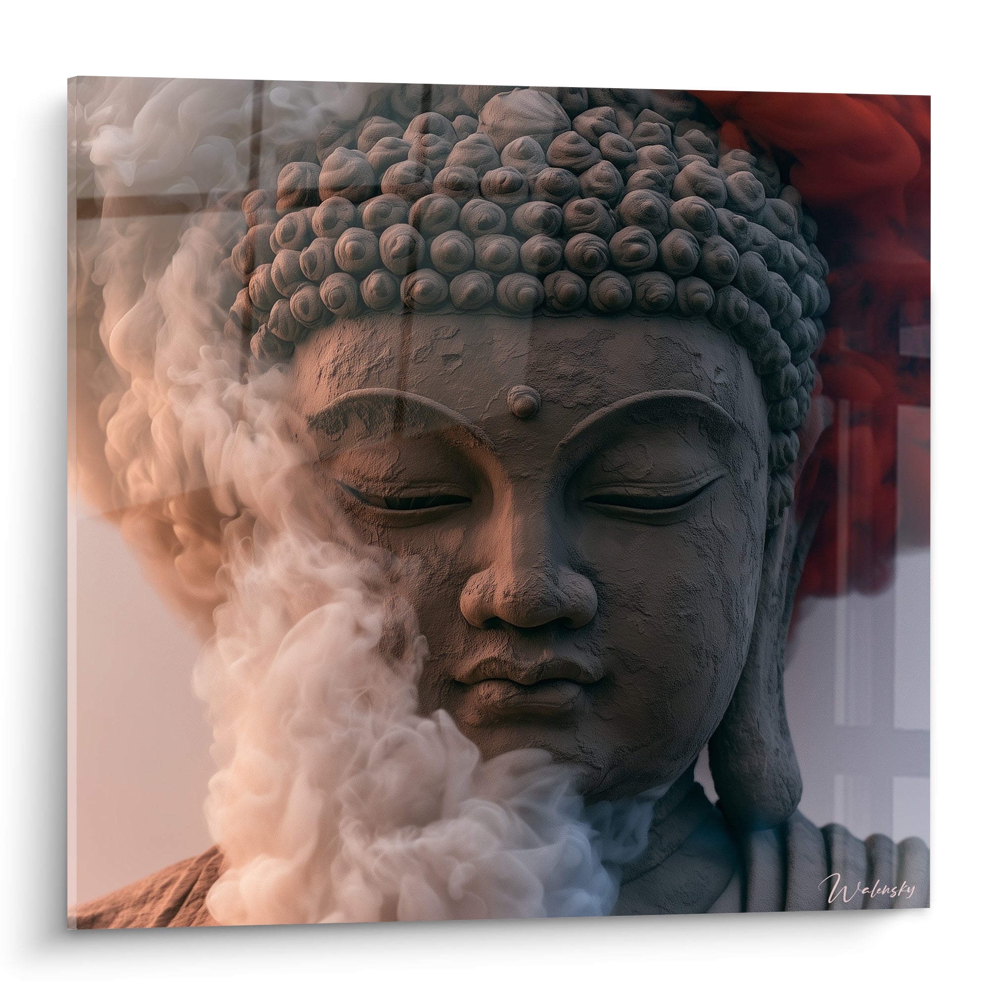 Visage de Bouddha gris anthracite enveloppé de fumée blanche et de reflets rouges sombres