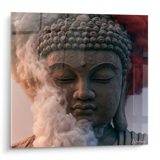 Visage de Bouddha gris anthracite enveloppé de fumée blanche et de reflets rouges sombres