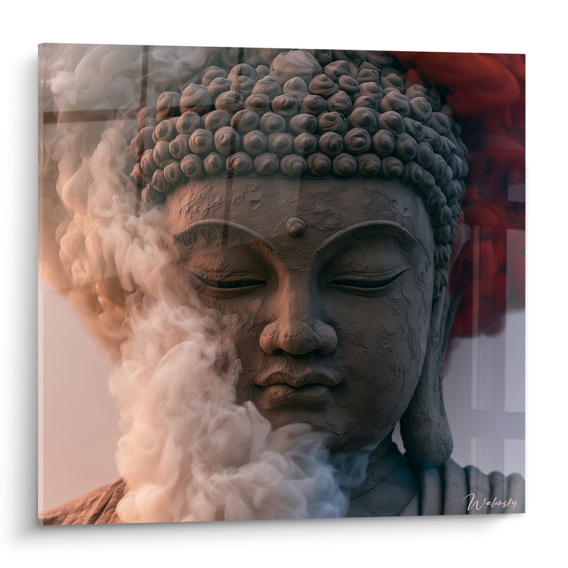 Tableau Visage de pierre grise et fumée blanche - Voile de méditation - Edition Bouddha
