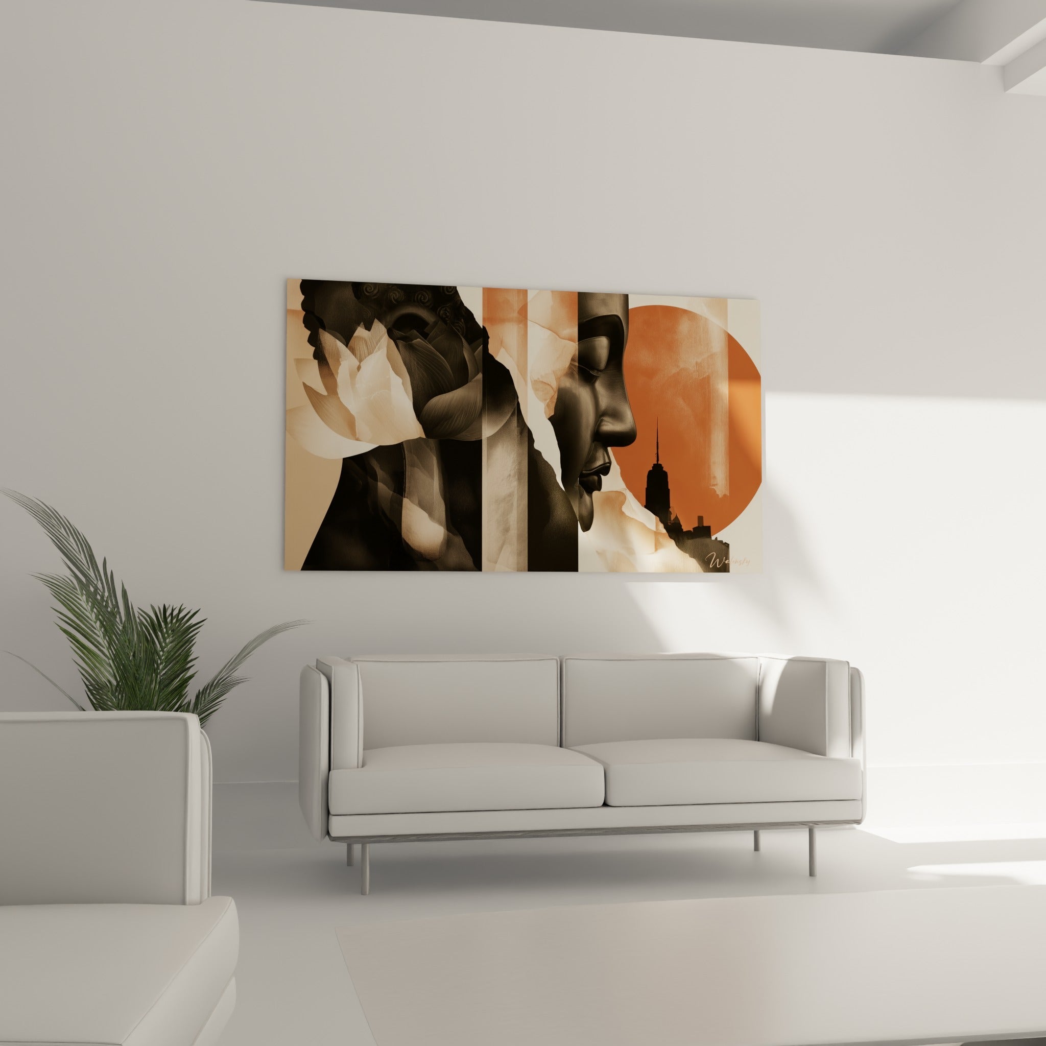 Visage du Bouddha en pierre noire et lotus translucide beige placé au-dessus d'un canapé dans un salon lumineux