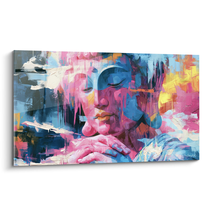 Tableau Visage bleu et rose aux mains croisées - Éclaboussures jaune vif - Edition Bouddha