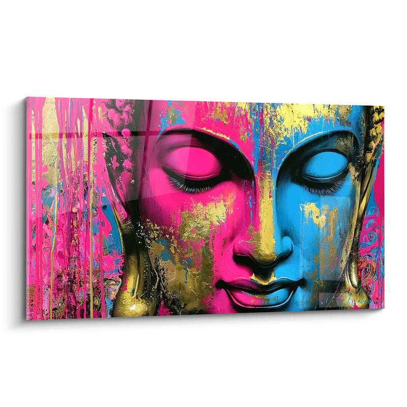 Tableau Visage rose et bleu aux longs cils dorés - Coulures dorées verticales - Edition Bouddha