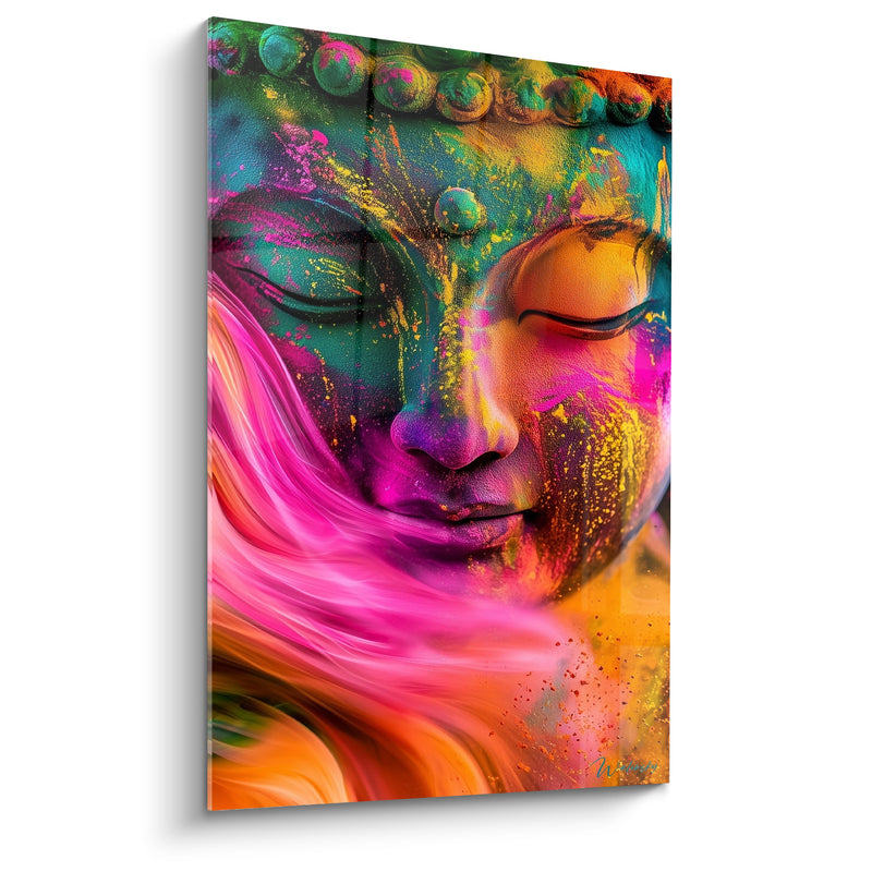 Tableau Visage vert et fuchsia aux éclaboussures de poudre colorée - Chignon perlé sculpté - Edition Bouddha