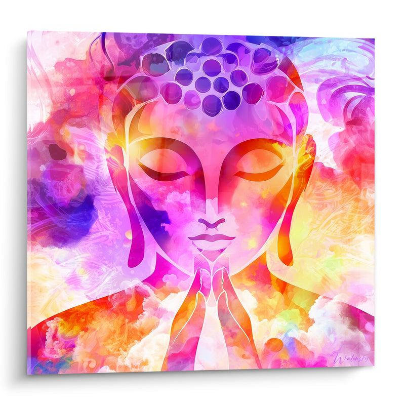 Tableau Visage rose et violet aux mains jointes - Coiffe perlée pourpre - Edition Bouddha