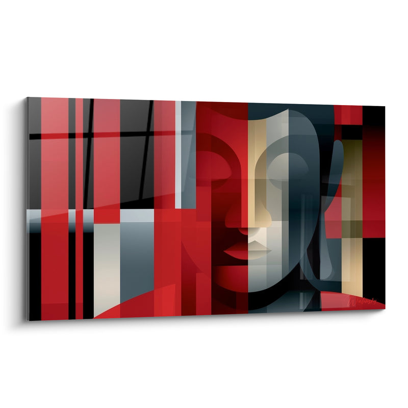 Tableau Visage rouge et gris aux bandes verticales entrecroisées - Lignes obliques dorées - Edition Bouddha
