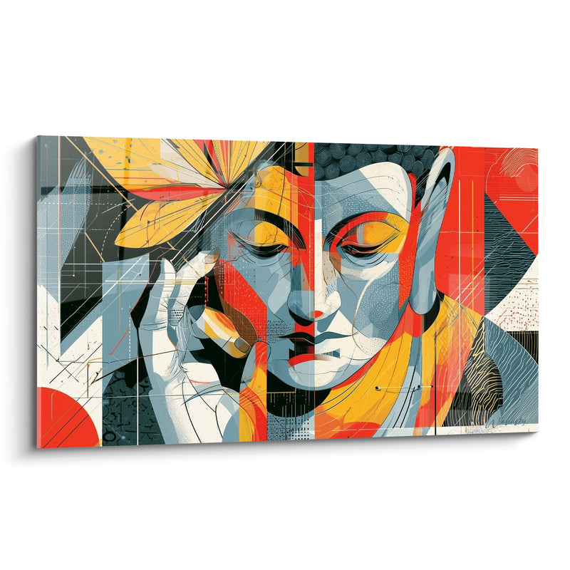 Tableau Visage rouge et jaune à la main levée - Fleur graphique jaune - Edition Bouddha