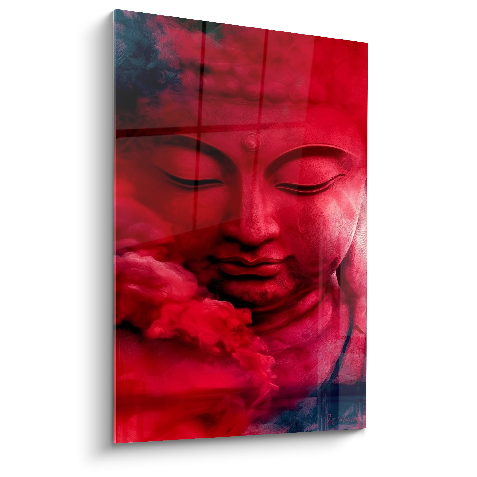 Bouddha au visage rouge intense, yeux clos, entouré de volutes rouge et bleu anthracite