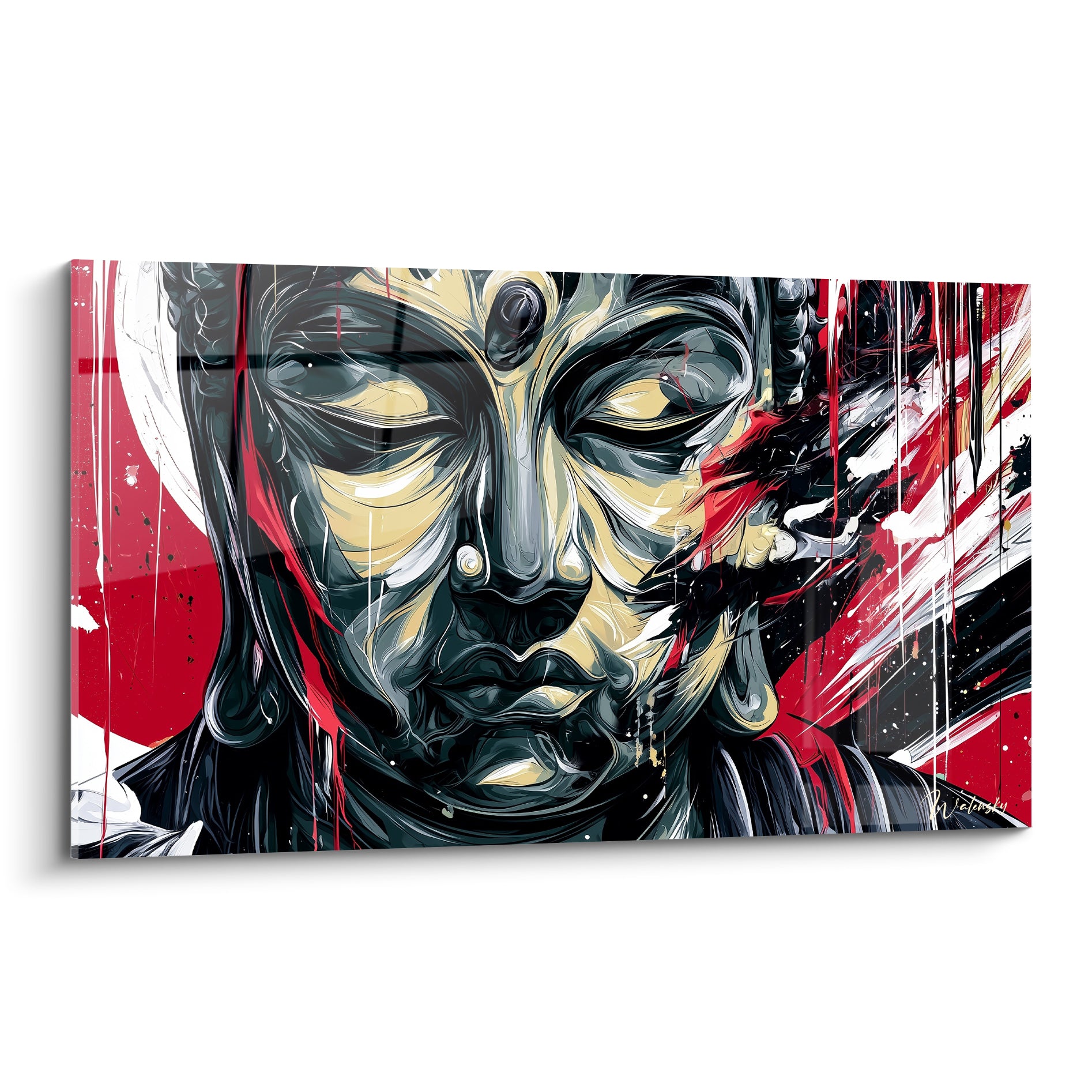 Bouddha aux yeux clos, visage anthracite et doré, éclaboussures rouges et noires en fond puissant