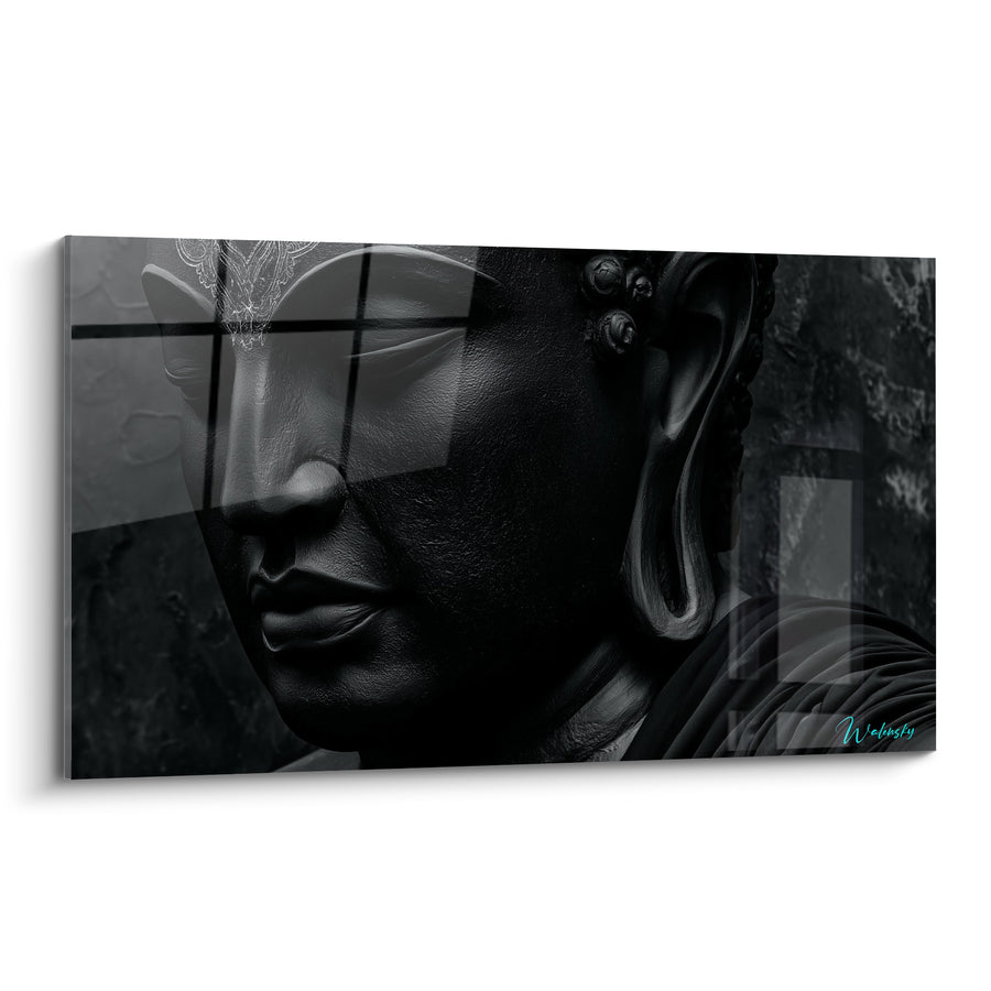 Tableau Visage sculpté noir aux reflets anthracite - Silence millénaire - Edition Bouddha