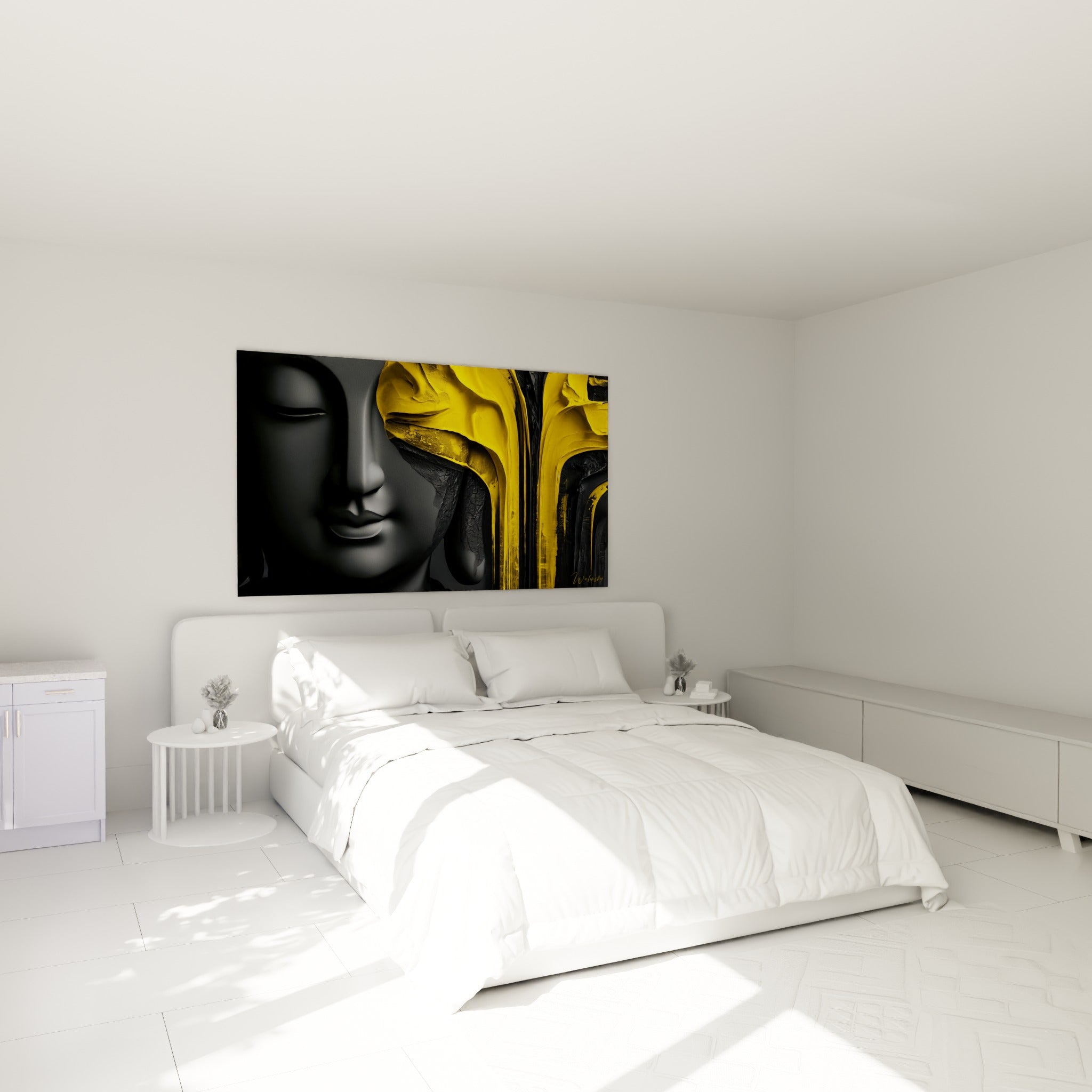 Bouddha au visage gris anthracite et coulures dorées accroché au-dessus d'un lit dans une chambre claire
