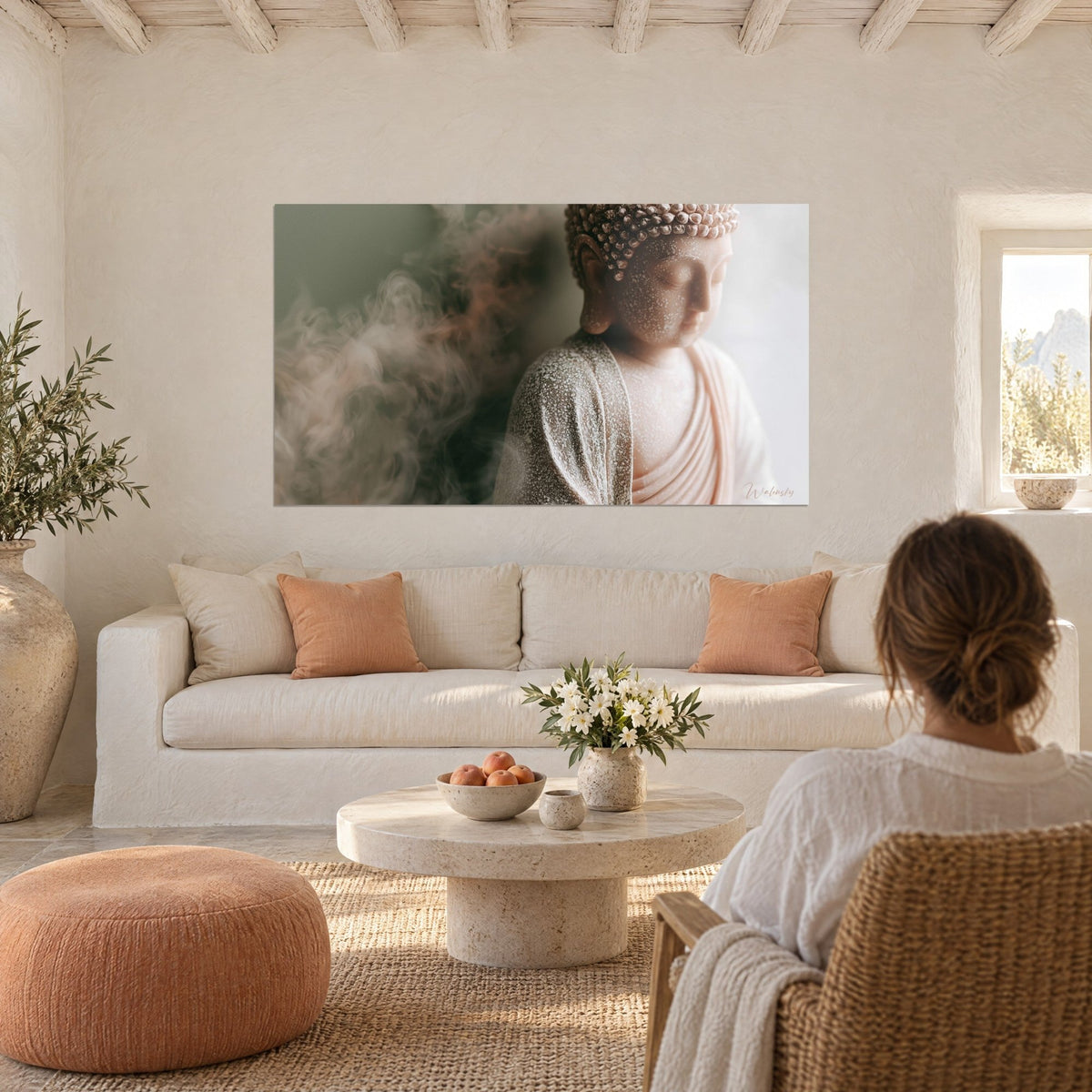 Tableau statue de Bouddha rosé veillée par une brume mauve et vert sauge, au-dessus d'un canapé dans un salon lumineux