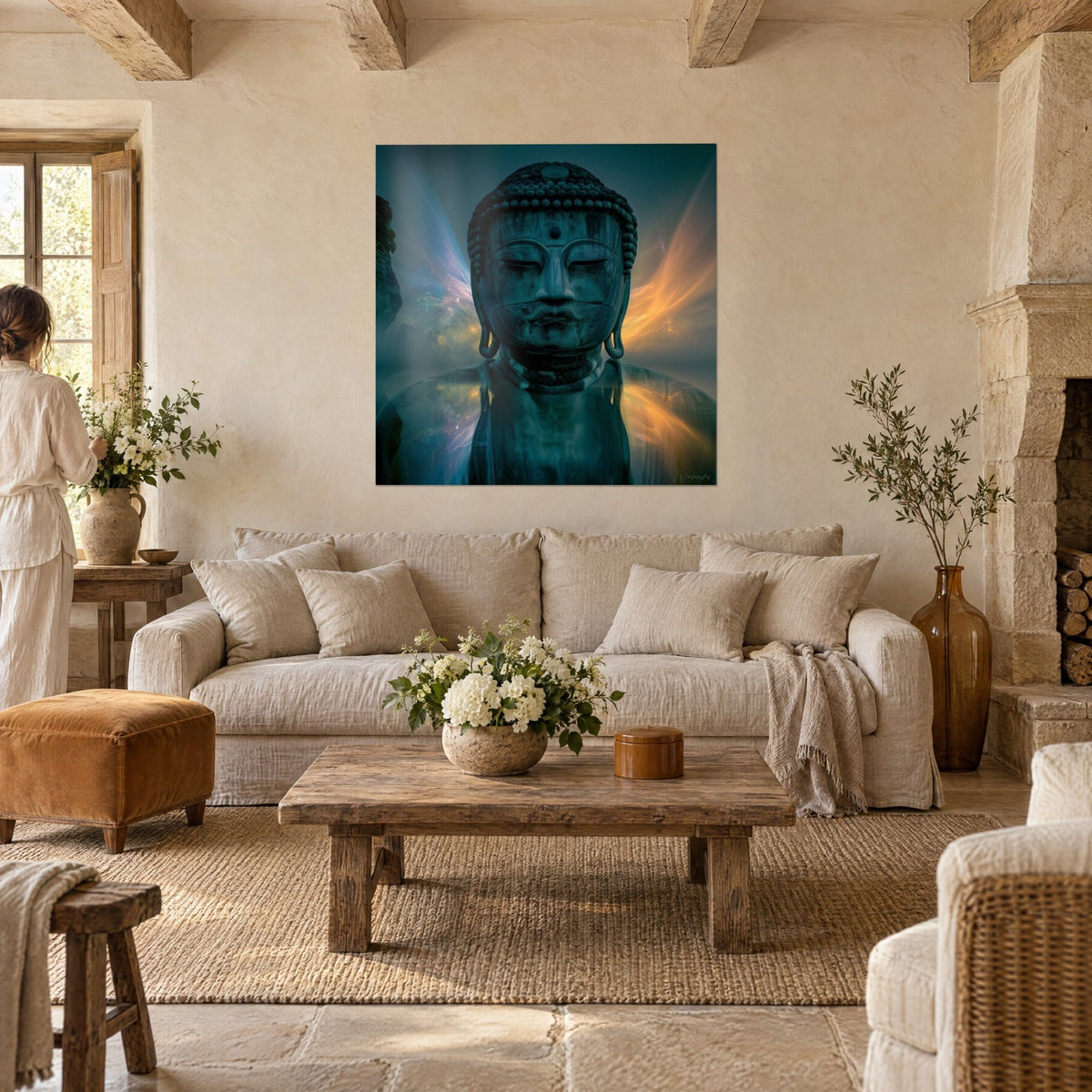 Tableau Bouddha de bronze turquoise, paupières closes, ailes de flammes dorées et bleutées, au-dessus d'un canapé dans un salon lumineux