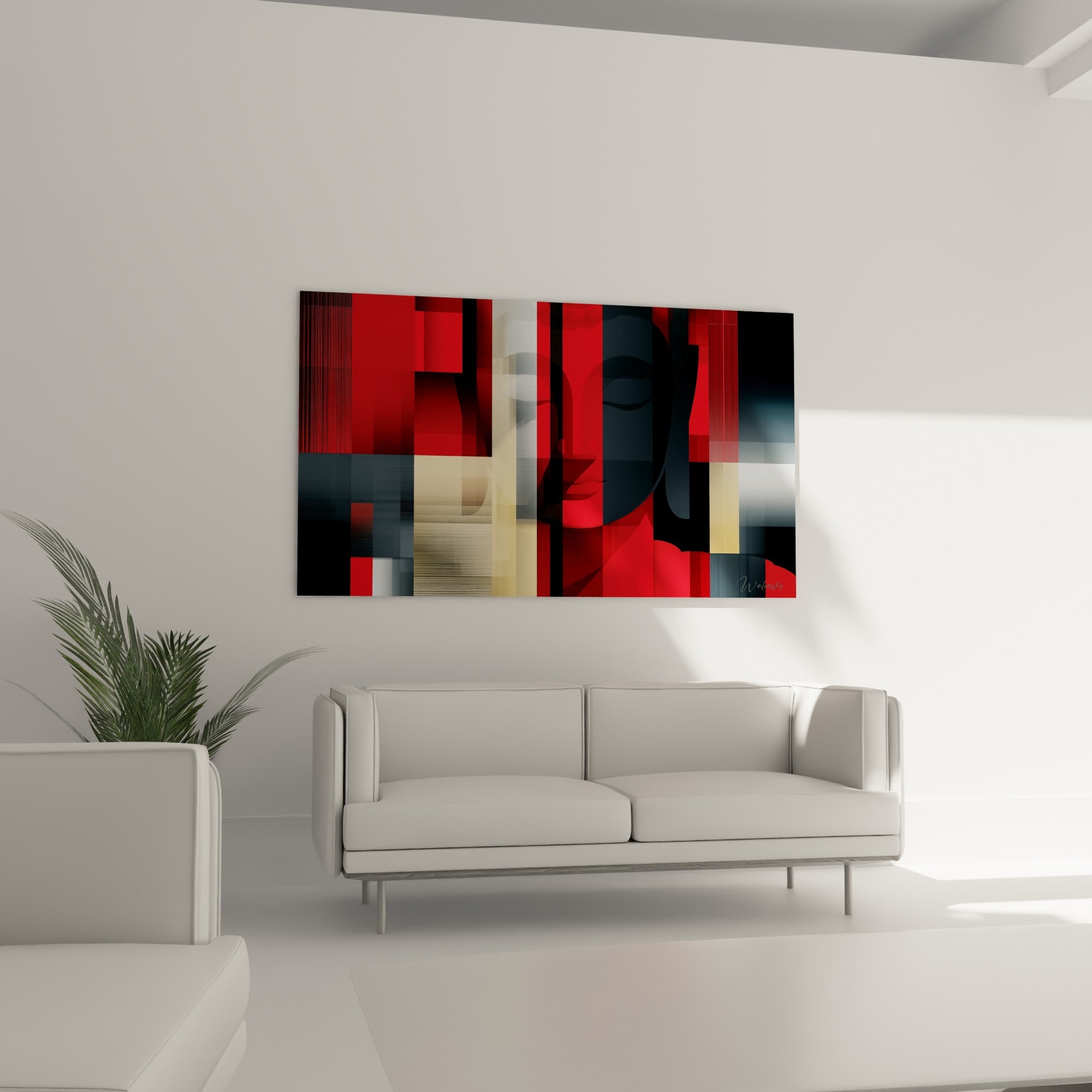 Portrait méditatif de Bouddha rouge et gris au-dessus d'un canapé dans un salon lumineux