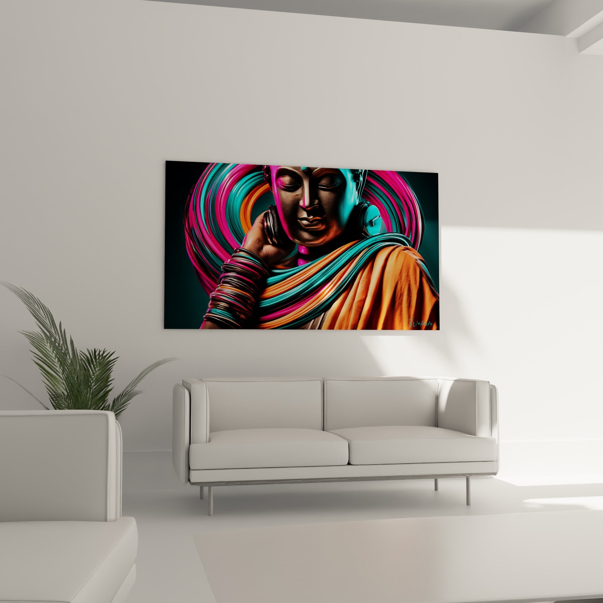 Visage serein aux couleurs turquoise et orange, présenté au-dessus d'un canapé dans un salon lumineux