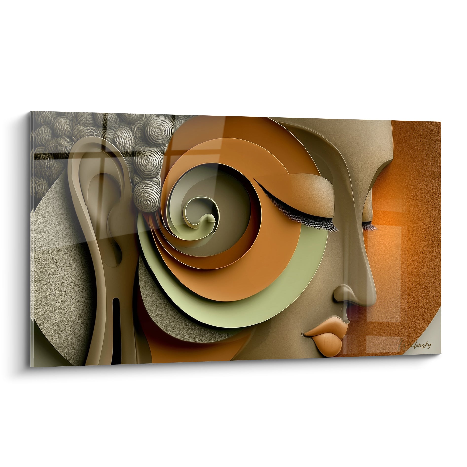 Bouddha aux yeux clos, spirales terracotta et vert sauge, coiffe grise texturée en relief