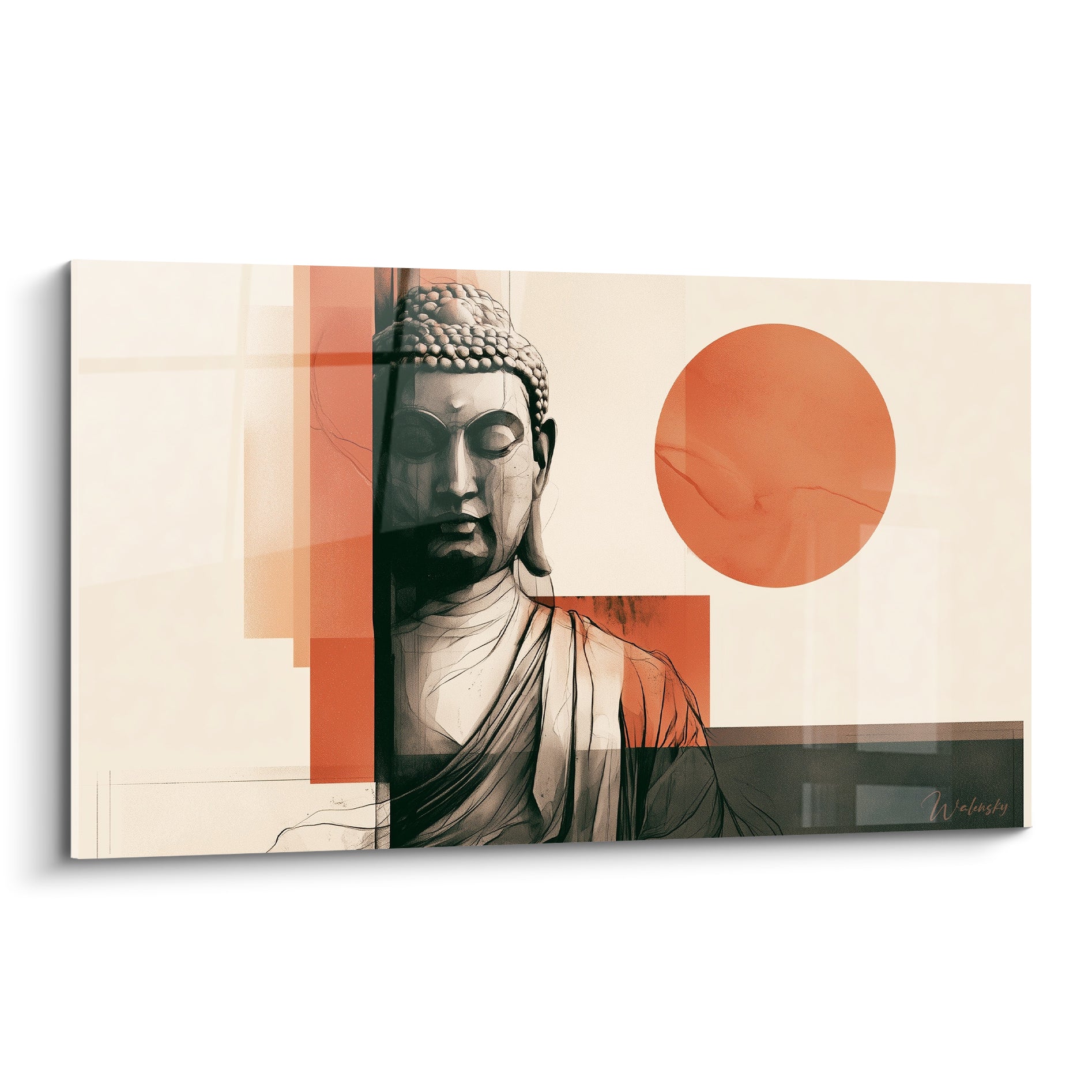 Bouddha au visage sculpté gris devant un cercle orange terracotta et fond ivoire graphique