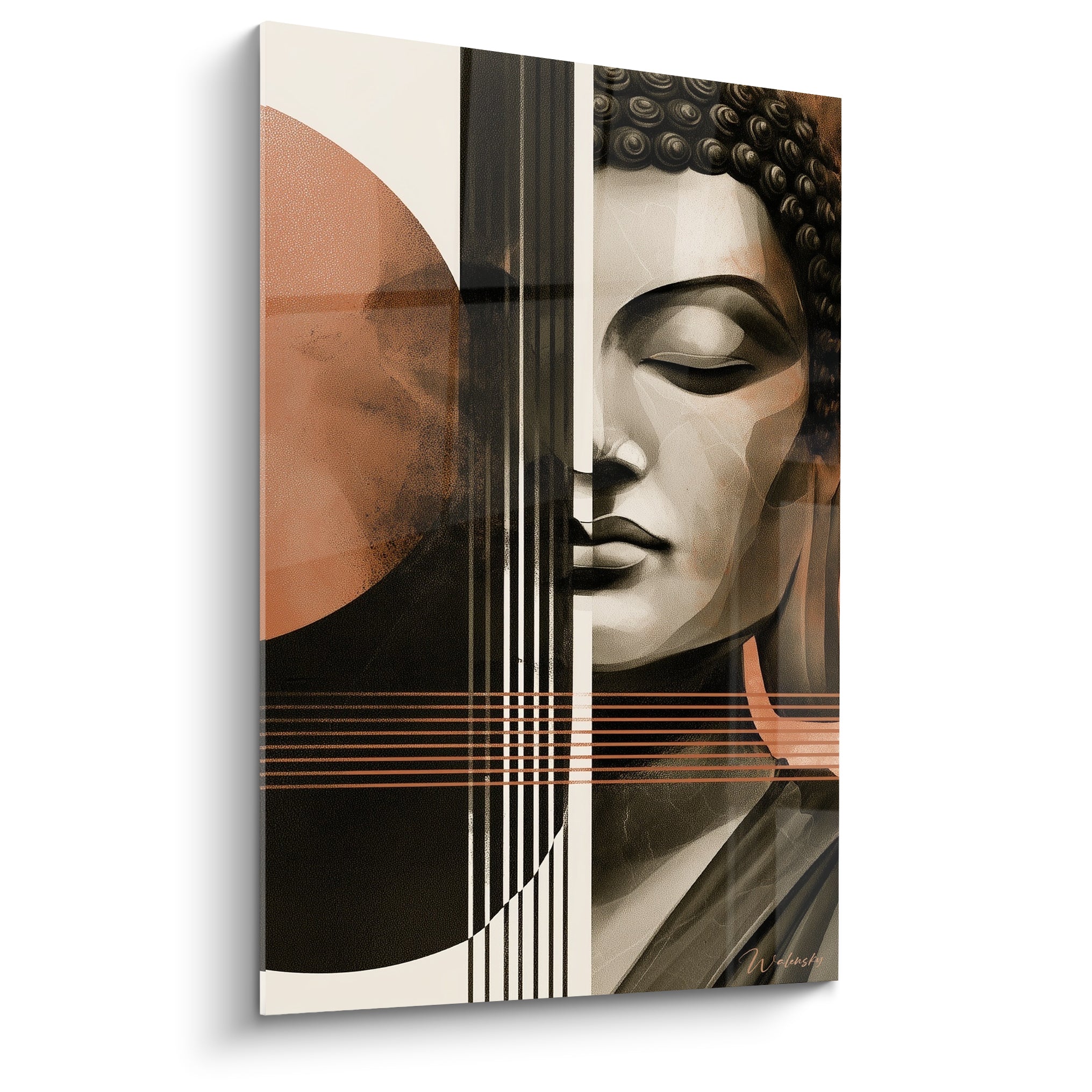 Bouddha aux yeux clos, visage gris sablé et cercle terracotta sur fond crème strié de noir