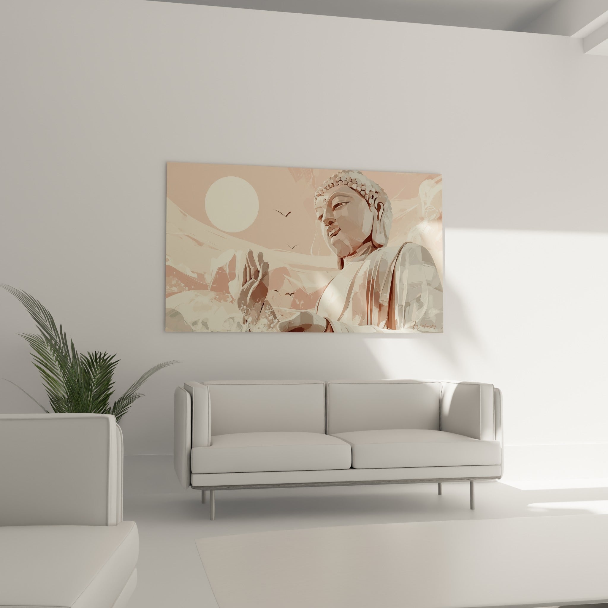 Visage serein du Bouddha en camaïeu terracotta et gris perle, suspendu au-dessus d'un canapé dans un salon lumineux