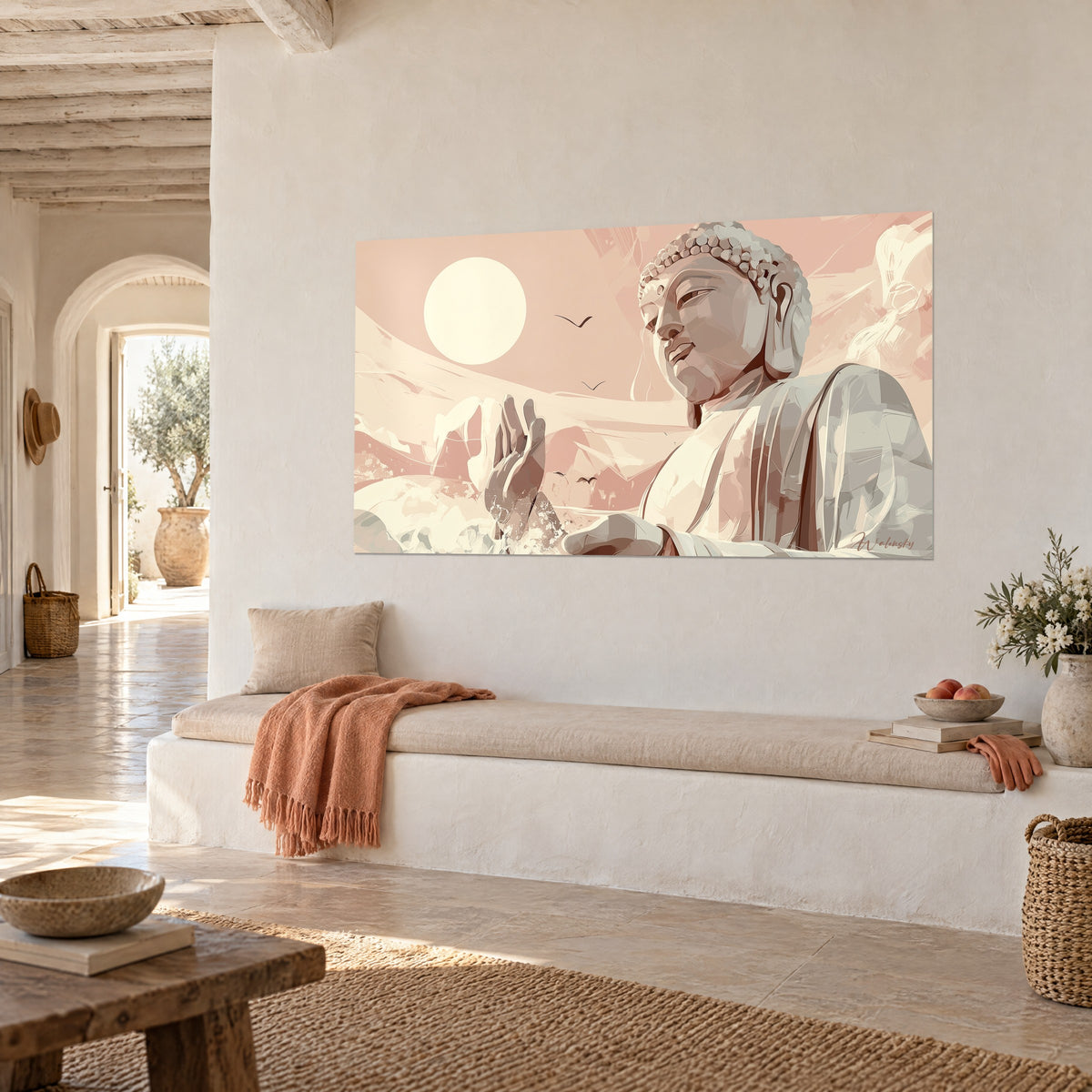 Cuadro de una estatua serena de párpados semicerrados, paño beige y cielo rosa pálido, colgado en una casa mediterránea de piedra clara