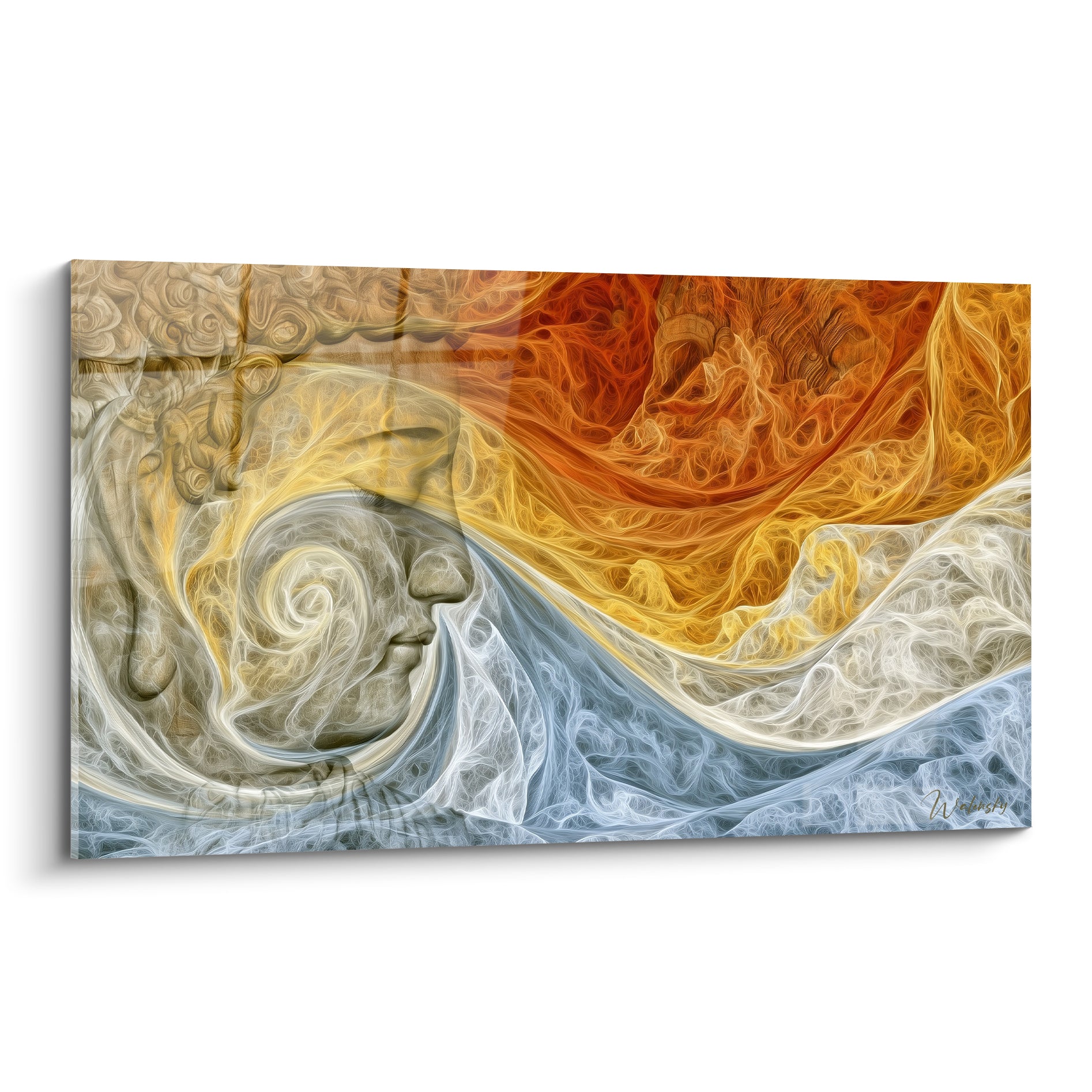 Visage serein de Bouddha entouré de volutes orange et bleu glacé aux textures fibreuses