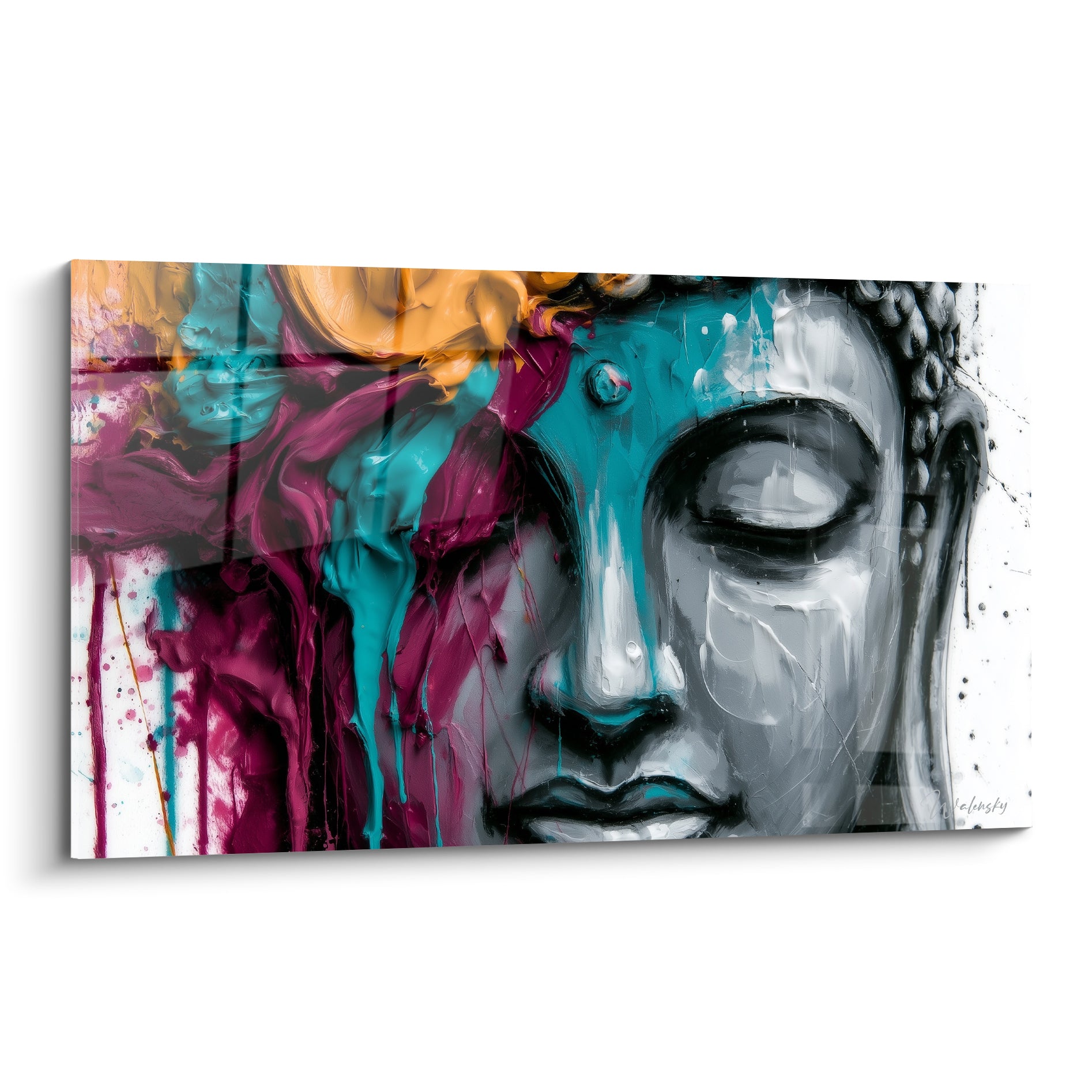 Bouddha au visage gris et turquoise, coulures pourpres et dorées en cascade sur fond blanc