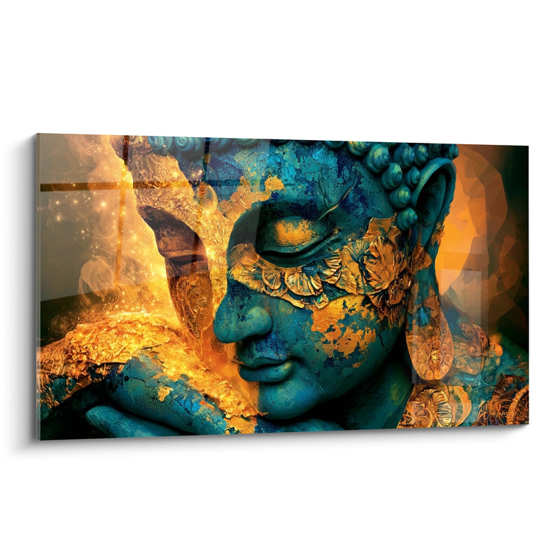 Tableau Visage turquoise et doré aux flammes ardentes - Boucle d'oreille florale ciselée - Edition Bouddha