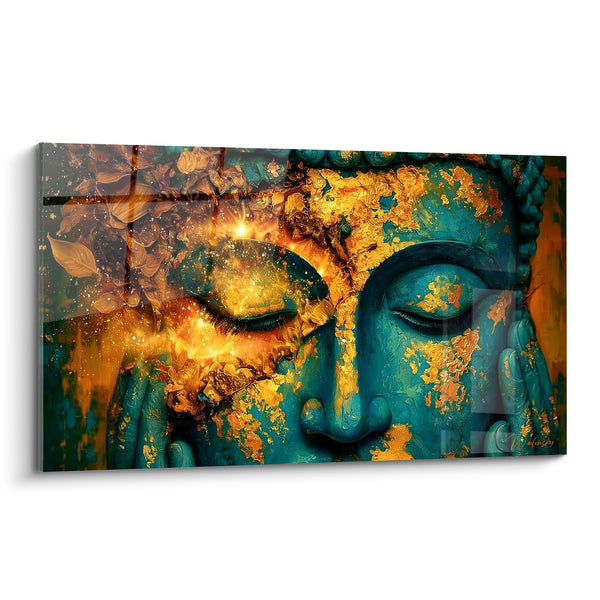 Turquoise and Gold Face Painting with Embedded Leaves - Golden Light Shards - Buddha Edition