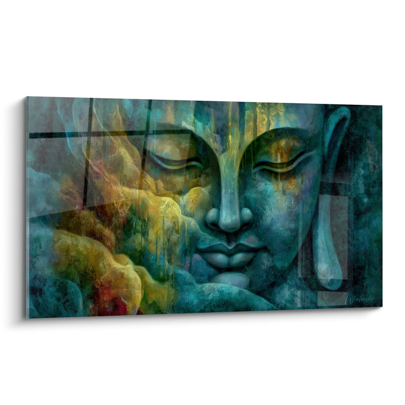 Tableau Visage turquoise et doré aux nuées ambrées - Lignes de fenêtre superposées - Edition Bouddha