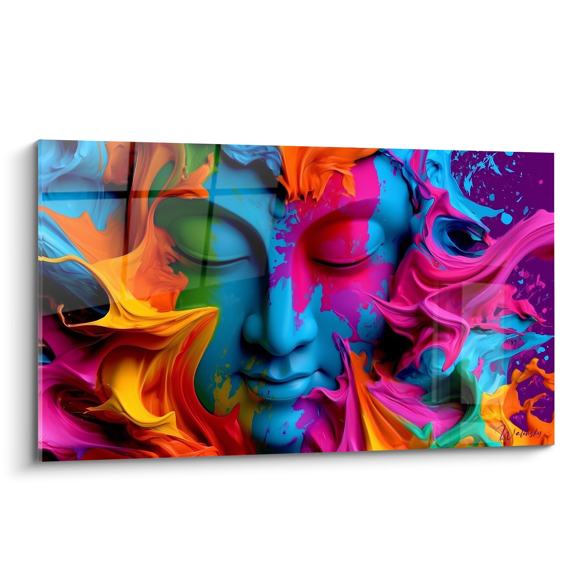 Bouddha au visage bleu turquoise et rose fuchsia, éclaboussures orange et violettes fluides